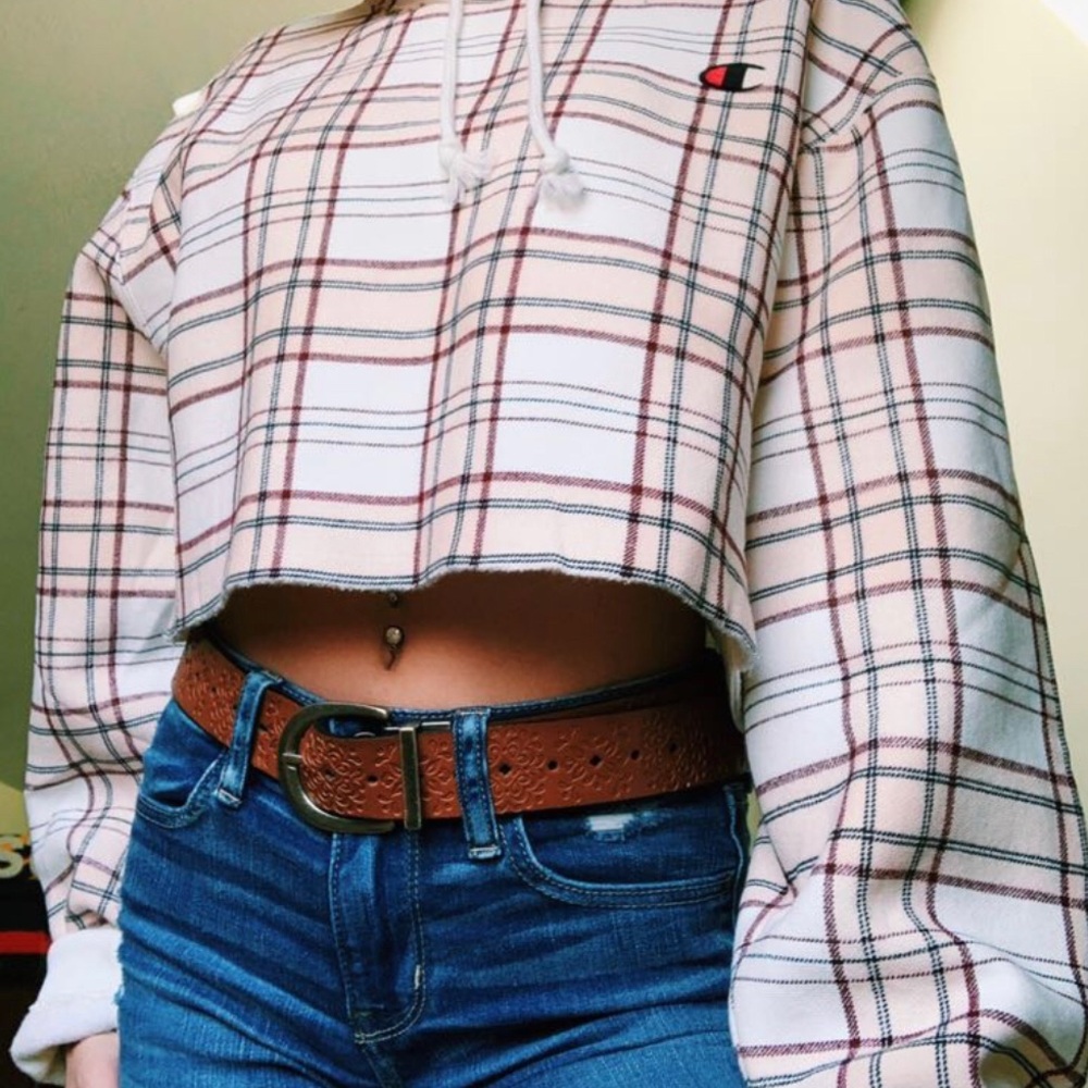 Reverse Weave Plaid Cropped Crew Hoodie